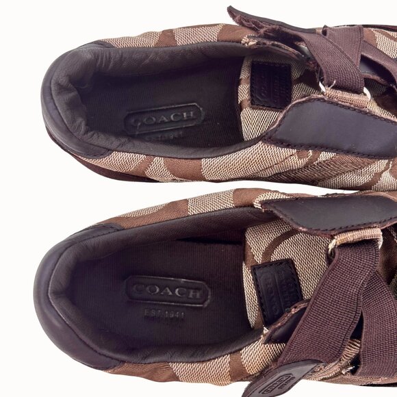 Coach Brown Monogram Canvas & Suede Kyrie Velcro Strap Sneakers Size 7 - Picture 4 of 11